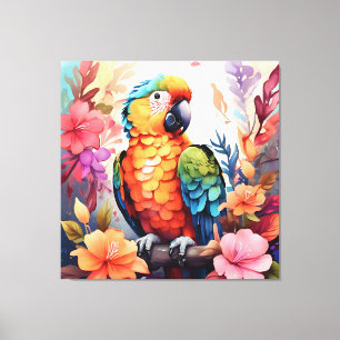 Vibrant Watercolor Parrot with Tropical Flowers - Canvas Print