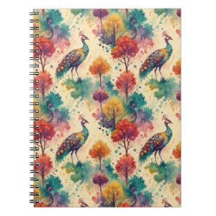 Vibrant Watercolor Peacock Forest Painting Pattern Notebook
