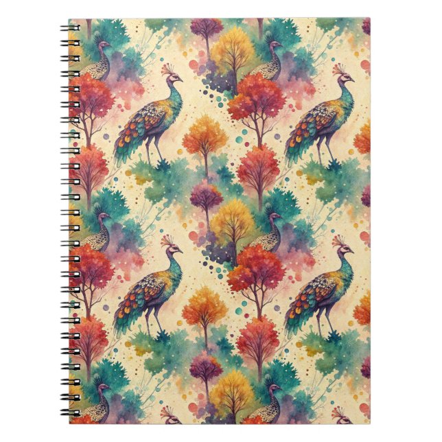Vibrant Watercolor Peacock Forest Painting Pattern Notebook (Front)