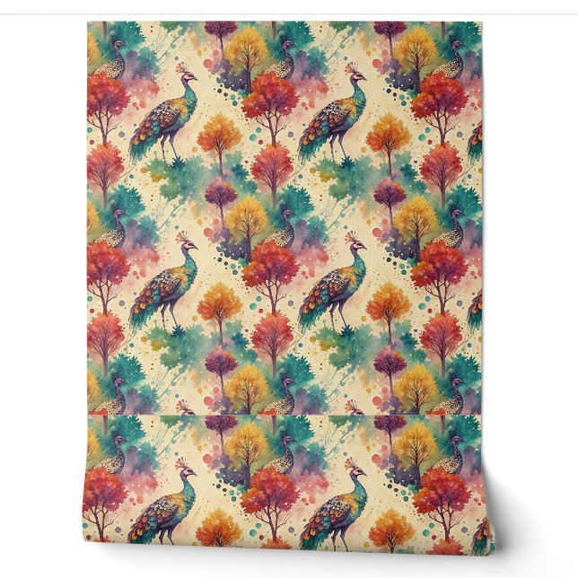 Vibrant Watercolor Peacock Forest Painting Pattern Wallpaper (Unrolling)