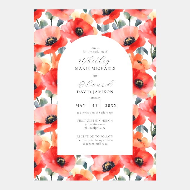 Vibrant Watercolor Poppy Floral Wedding Arch Invitation (Front)