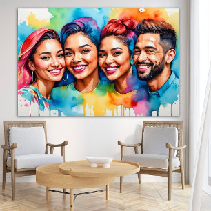 Vibrant Watercolor Portrait Smiling Faces Wall Poster