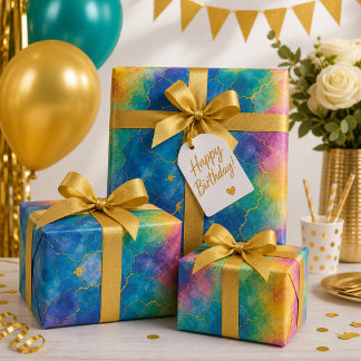 Vibrant Watercolor Rainbow with Gold Veins Wrapping Paper