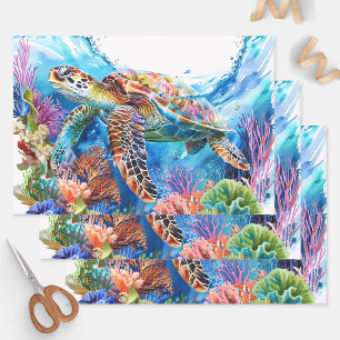 Vibrant Watercolor Sea Turtle Decoupage Wrapping Paper Sheet