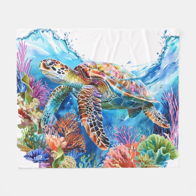 Vibrant Watercolor Sea Turtle Fleece Blanket (Front (Horizontal))