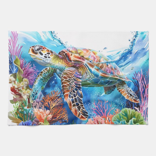 Vibrant Watercolor Sea Turtle Tea Towel (Horizontal)