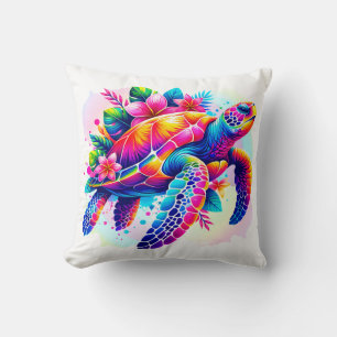 Vibrant Watercolor Sea Turtle, Tropical Flowers Cushion