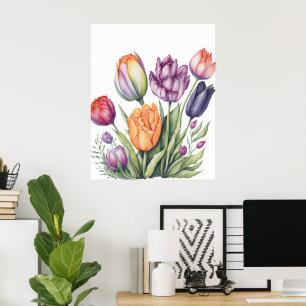 Vibrant Watercolor Tulip Bouquet  Poster