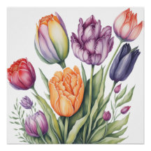 Vibrant Watercolor Tulip Bouquet