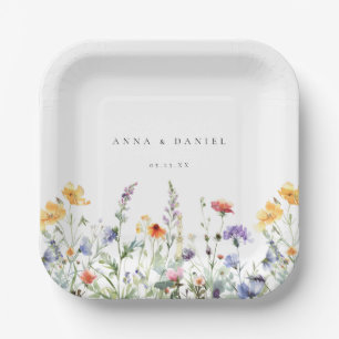 Vibrant Watercolor Wildflower Wedding Paper Plate