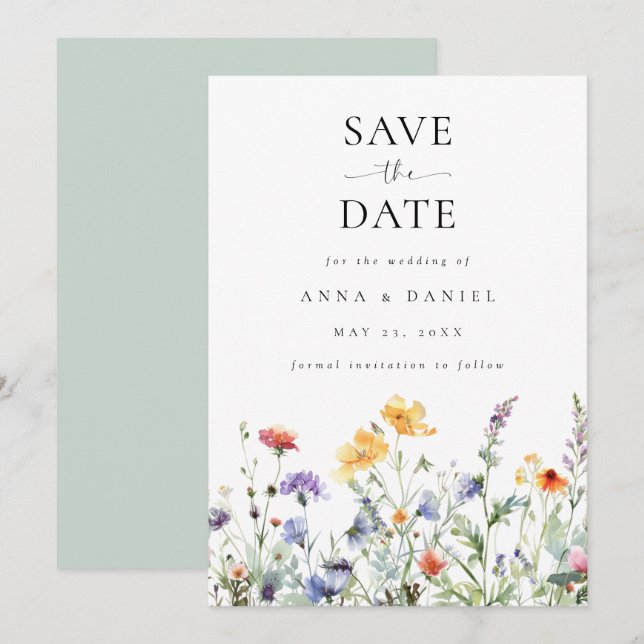 Vibrant Watercolor Wildflower Wedding Save The Date (Front/Back)