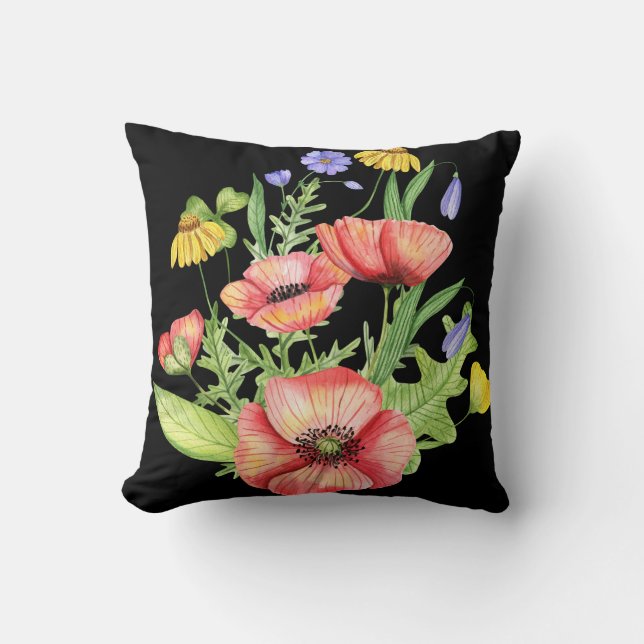 "Vibrant Watercolor Wildflowers on Black Canvas  Cushion (Front)