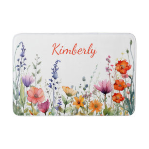 Vibrant Watercolor Wildflowers Personalized Bath Mat