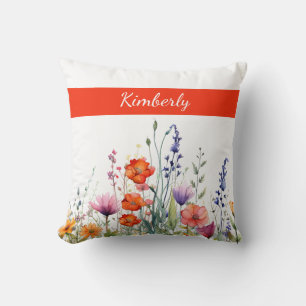 Vibrant Watercolor Wildflowers Personalized Cushion
