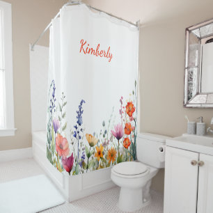 Vibrant Watercolor Wildflowers Personalized Shower Curtain