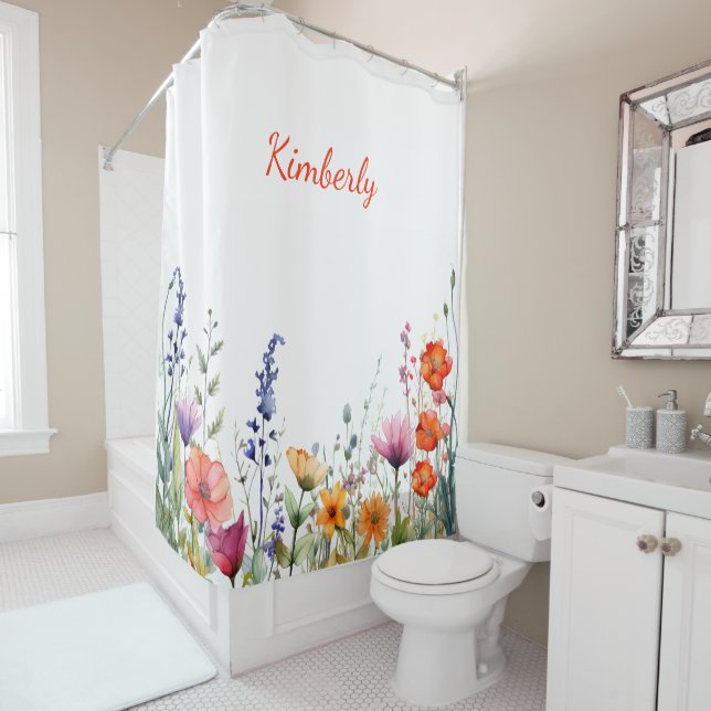 Vibrant Watercolor Wildflowers Personalized Shower Curtain (In Situ)