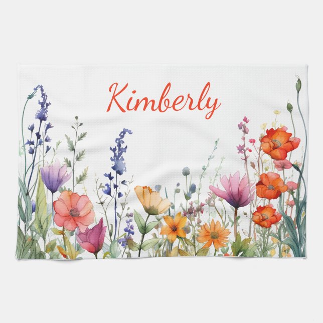 Vibrant Watercolor Wildflowers Personalized Tea Towel (Horizontal)