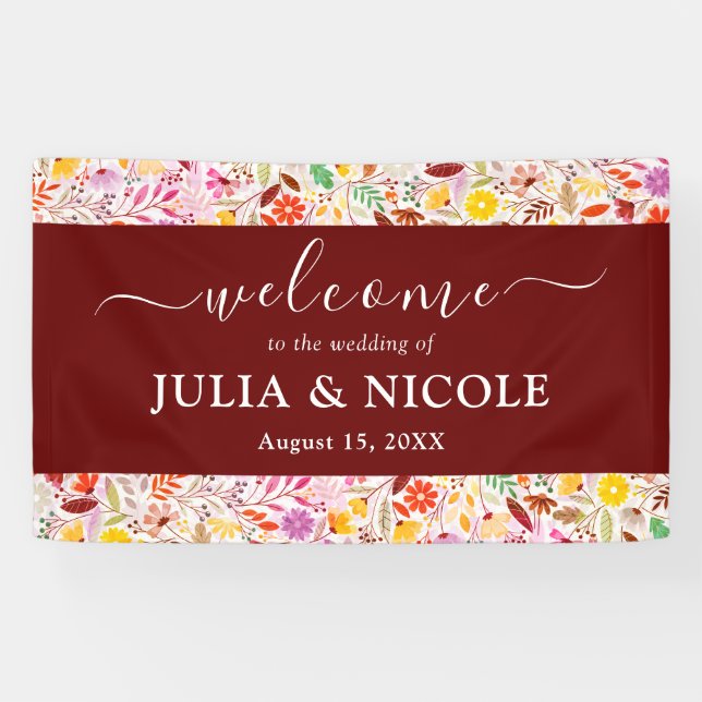 Vibrant Watercolors Summer Tulip Flowers Wedding Banner (Horizontal)