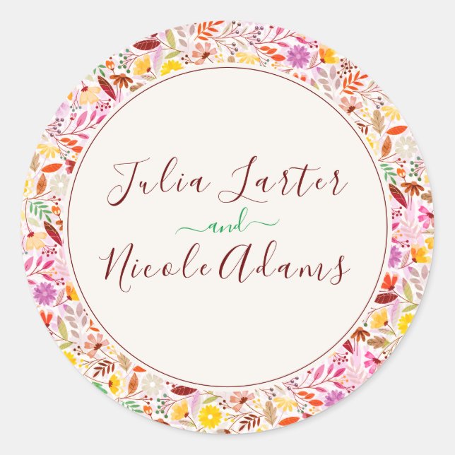 Vibrant Watercolors Summer Tulip Flowers Wedding Classic Round Sticker (Front)