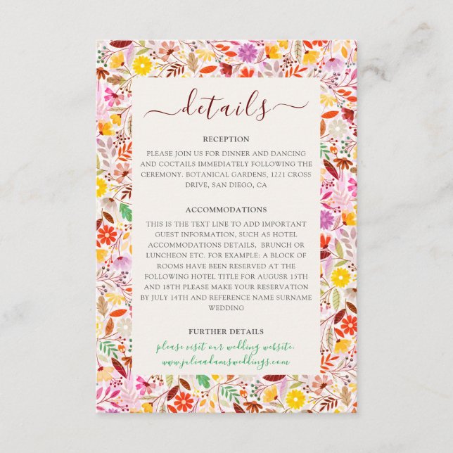 Vibrant Watercolors Summer Tulip Flowers Wedding Enclosure Card (Front)
