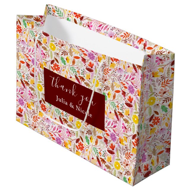 Vibrant Watercolors Summer Tulip Flowers Wedding Large Gift Bag (Front Angled)