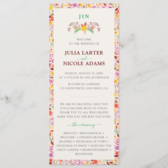 Vibrant Watercolors Summer Tulip Flowers Wedding Programme (Front)