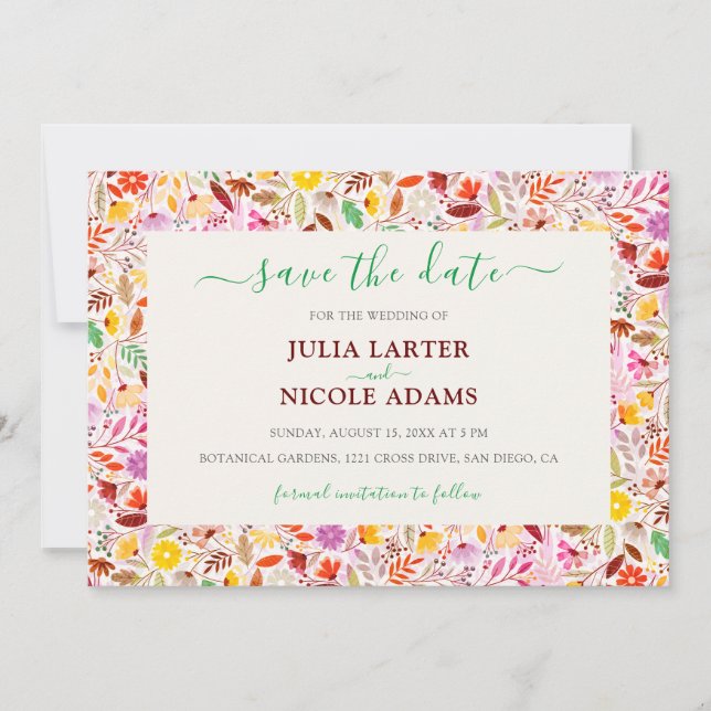 Vibrant Watercolors Summer Tulip Flowers Wedding Save The Date (Front)