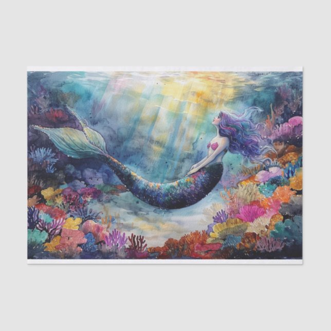 Vibrant Watercolour Mermaid in a Coral Lagoon Tissue Paper (Front)