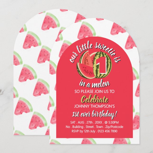 Vibrant Watermelon, One in a Melon, 1st Birthday Invitation (Front/Back)
