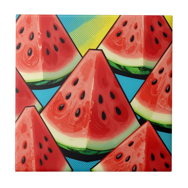 Vibrant Watermelon Slices Pop Art Tile (Front)