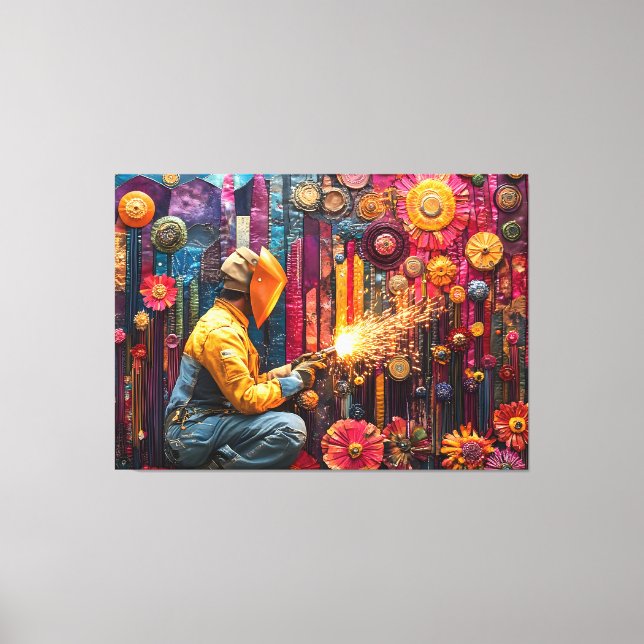 Vibrant Welding Art - Welder in Floral Industrial  Canvas Print (Front)