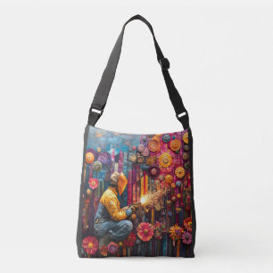 Vibrant Welding Art - Welder in Floral Industrial  Crossbody Bag