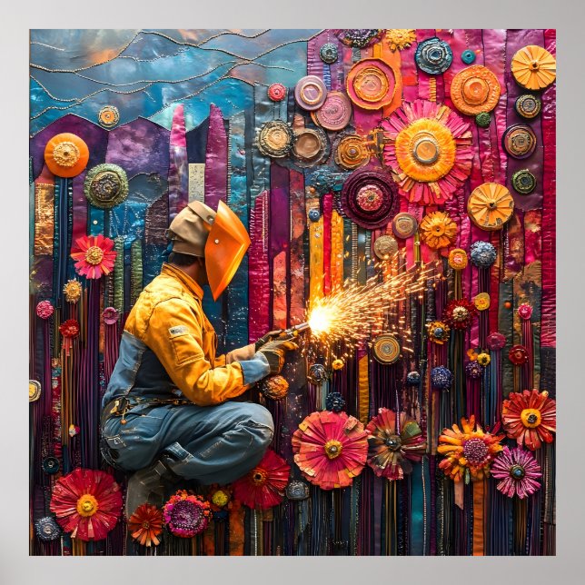 Vibrant Welding Art - Welder in Floral Industrial  Poster (Front)