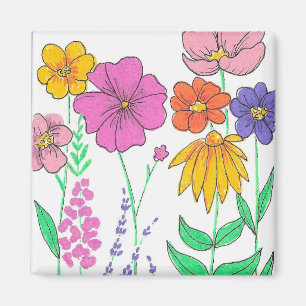 Vibrant Whimsical Painted Flowers Magnet