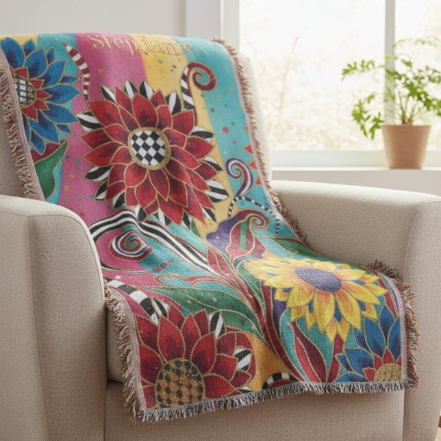Vibrant Whimsical Sunflower Bloom Throw Blanket (Bright Whimsical personalized throw)