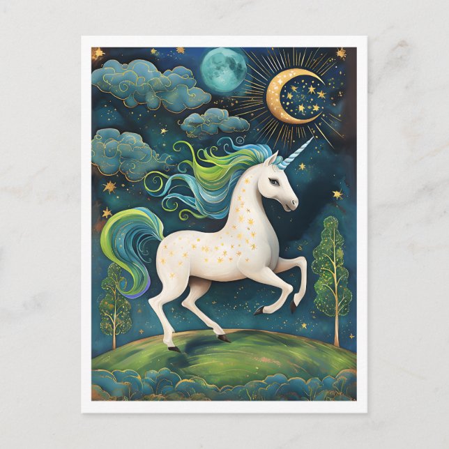 Vibrant White Unicorn in Magical Night Postcard (Front)