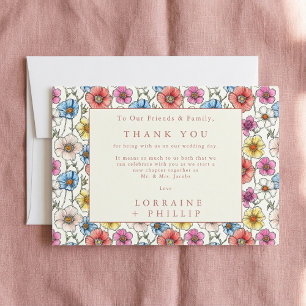 Vibrant wild flowers seamless pattern wedding thank you card