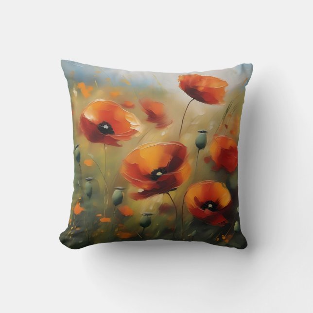Vibrant Wild Poppies Serene Field Cushion (Front)