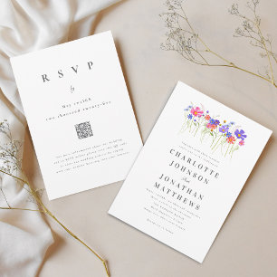 Vibrant Wildflower Boho Blue Pink Wedding QR Code Invitation