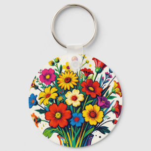Vibrant Wildflower Bouquet Folk Art Key Ring