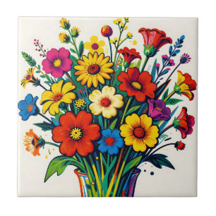 Vibrant Wildflower Bouquet Folk Art Tile