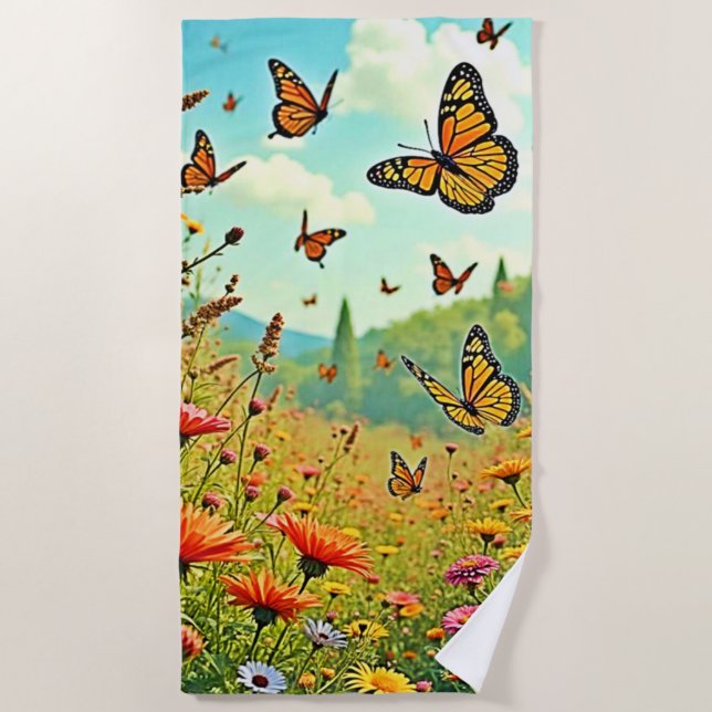 Vibrant Wildflower Butterfly Joy Design Beach Towel (Front)