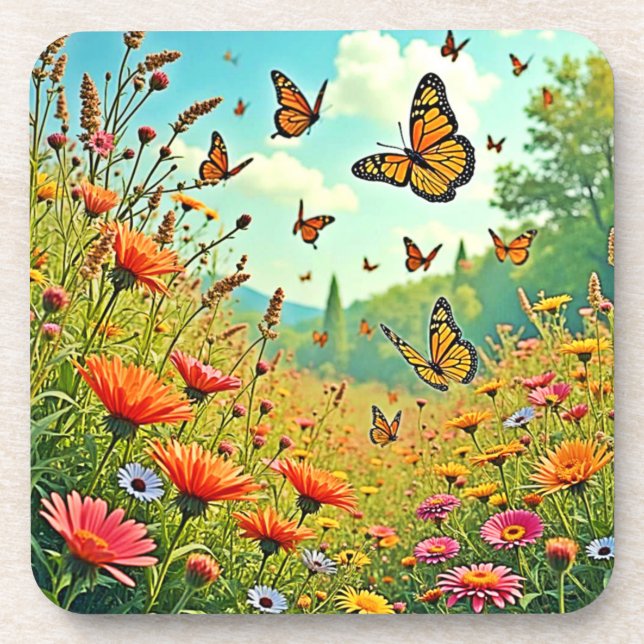 Vibrant Wildflower Butterfly Joy Design Coaster (Front)