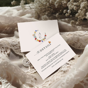 Vibrant Wildflower Crest Monogram Wedding Details  Enclosure Card