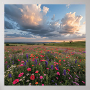 Vibrant Wildflower Field Sunset Poster