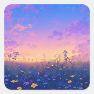 Vibrant Wildflower Meadow at Sunset Sky Square Sticker
