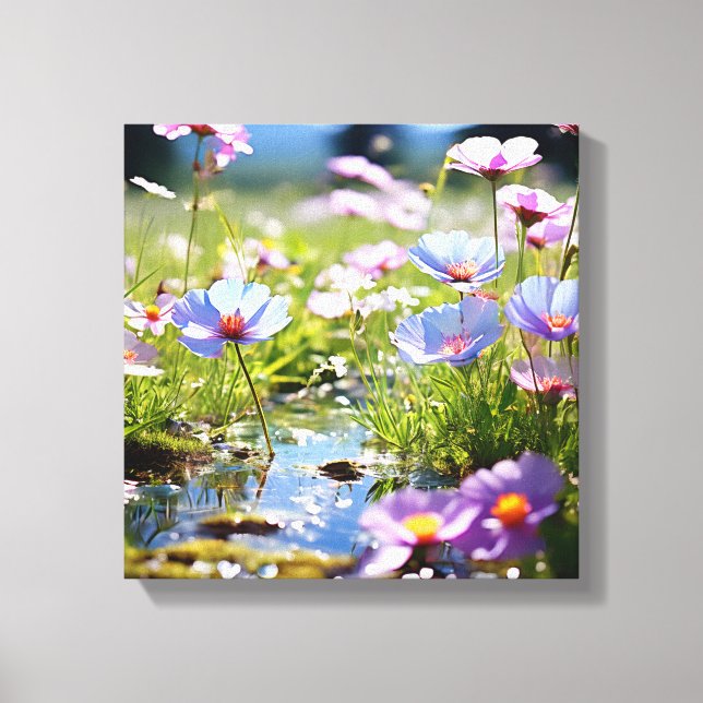 Vibrant Wildflower Meadow with Stream Canvas Print (Front)