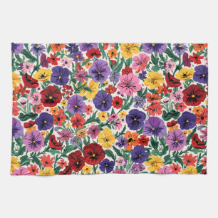 Vibrant Wildflower Pansy Botanical Pattern Tea Towel