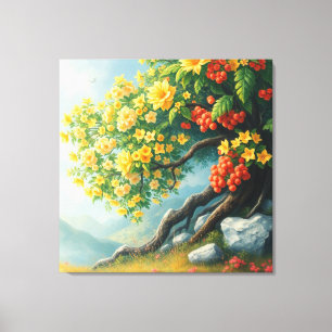 Vibrant Wildflower Tree with Mountain Backdrop Canvas Print
