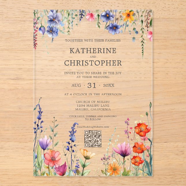 Vibrant Wildflowers Elegant Wedding QR Code Clear Acrylic Invitations (Front)